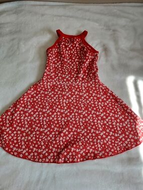 Zara Red Halter-Style Sundress White Ditsy Daisy Spring Summer Sz 7 Casual